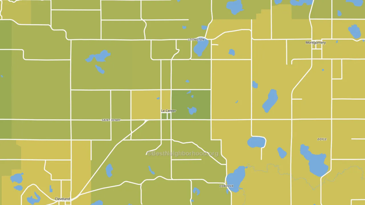 Map of the best neighborhoods in the Le Sueur County area, with better matches in green and worse matches in red