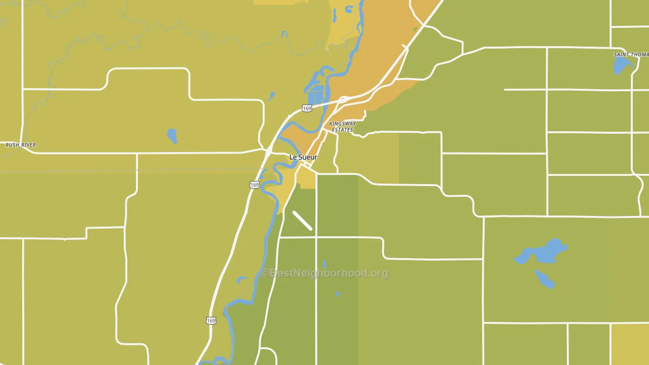 Map of the best neighborhoods in the Le Sueur area, with better matches in green and worse matches in red