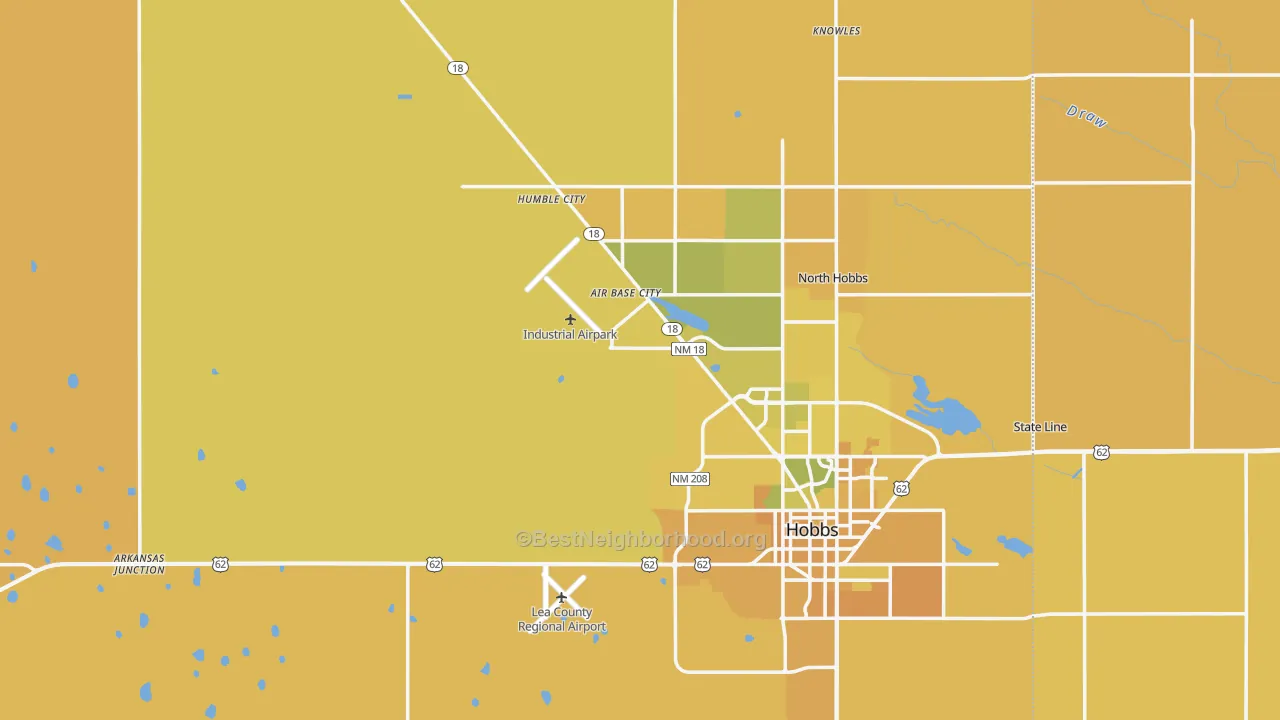 Map of the best neighborhoods in the Lea County area, with better matches in green and worse matches in red