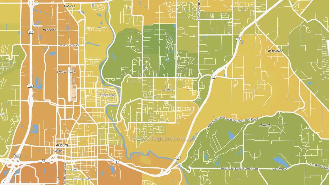 Map of the best neighborhoods in the Lea Hill, Auburn area, with better matches in green and worse matches in red