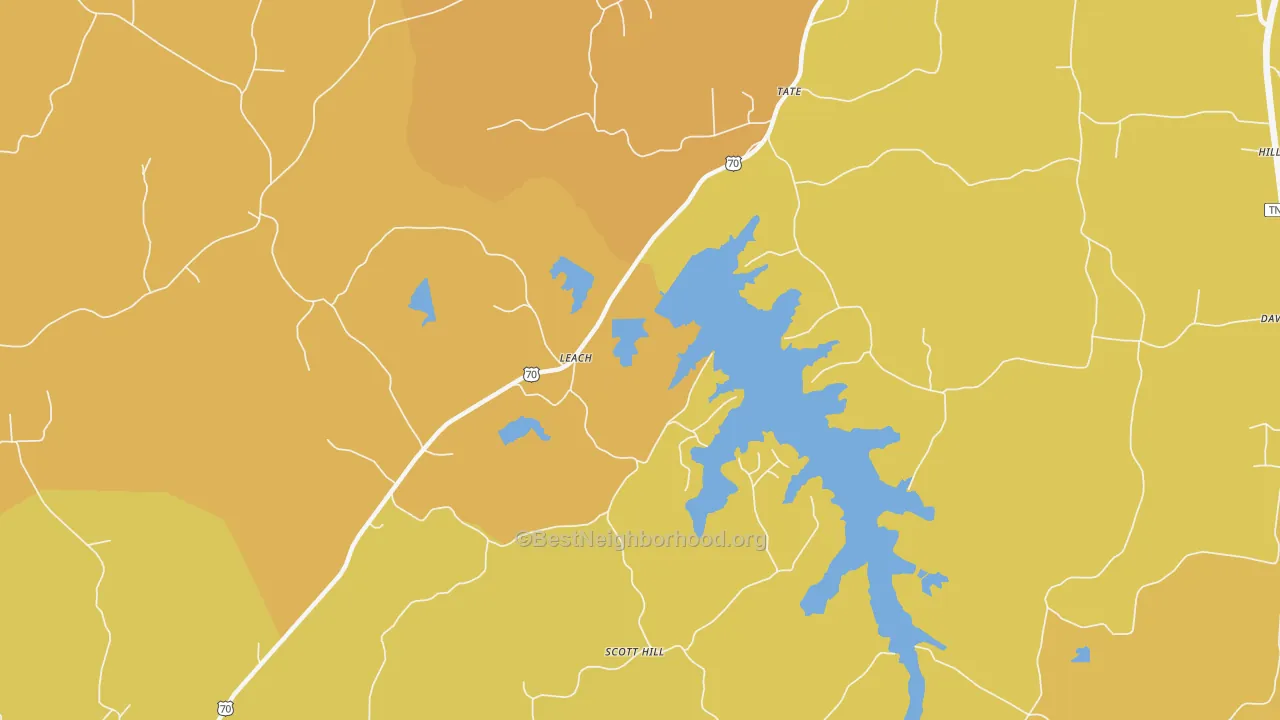 Map of the best neighborhoods in the Leach area, with better matches in green and worse matches in red