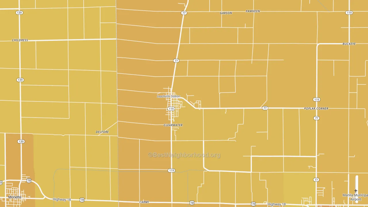 Map of the best neighborhoods in the Leachville area, with better matches in green and worse matches in red