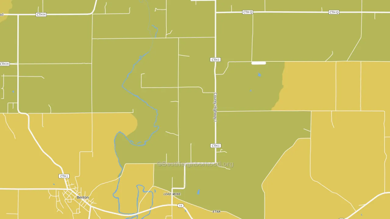 Map of the best neighborhoods in the Lead Mine area, with better matches in green and worse matches in red