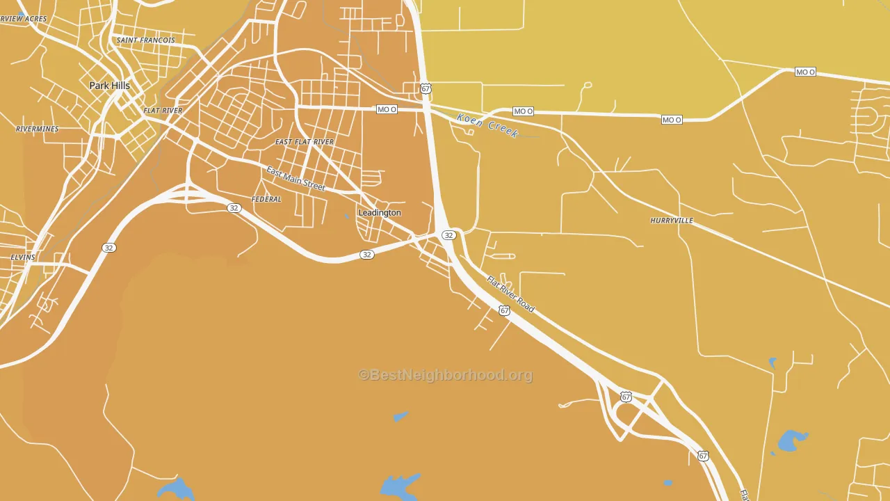 Map of the best neighborhoods in the Leadington area, with better matches in green and worse matches in red