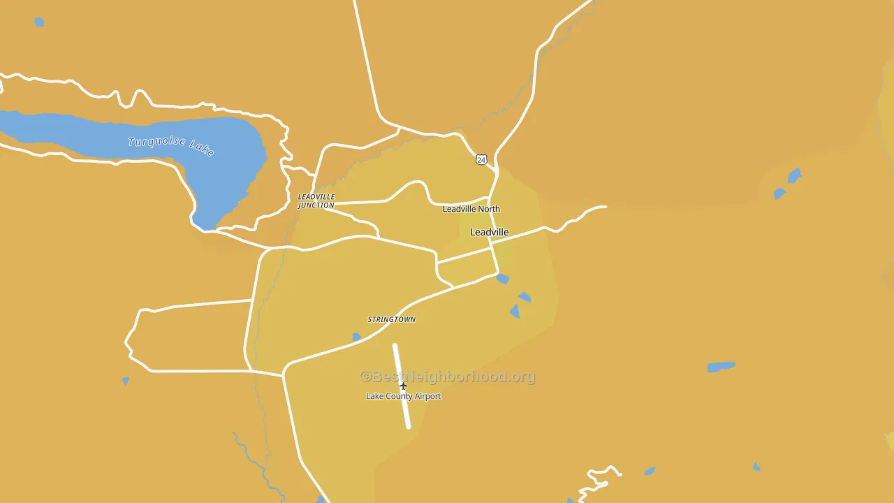 Map of the best neighborhoods in the Leadville area, with better matches in green and worse matches in red