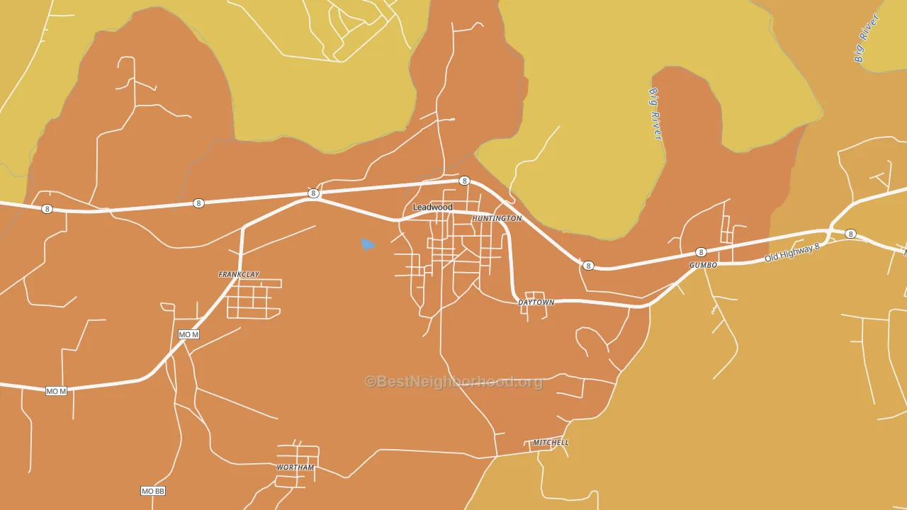 Map of the best neighborhoods in the Leadwood area, with better matches in green and worse matches in red