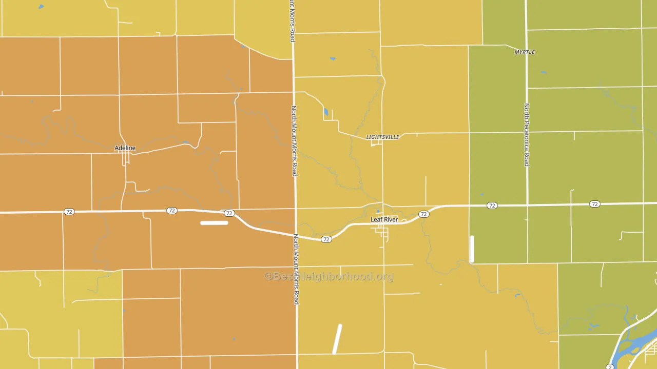Map of the best neighborhoods in the Leaf River area, with better matches in green and worse matches in red