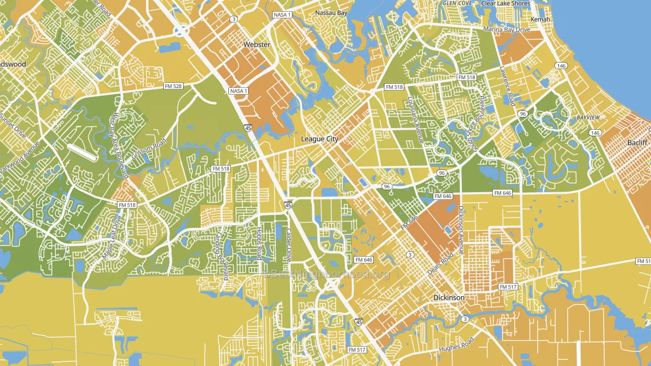 Map of the best neighborhoods in the League City area, with better matches in green and worse matches in red