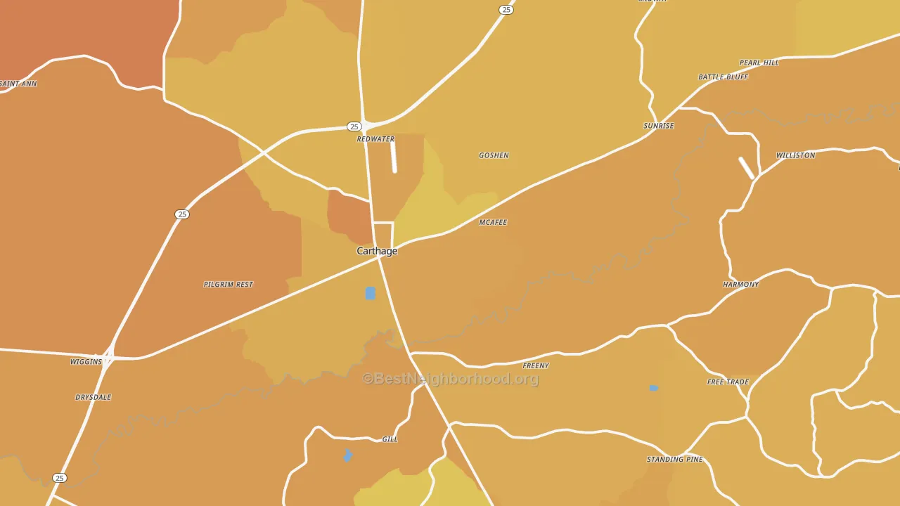 Map of the best neighborhoods in the Leake County area, with better matches in green and worse matches in red