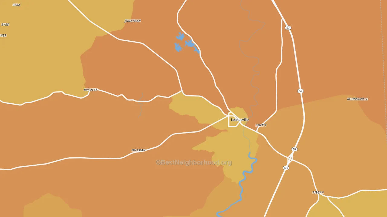 Map of the best neighborhoods in the Leakesville area, with better matches in green and worse matches in red