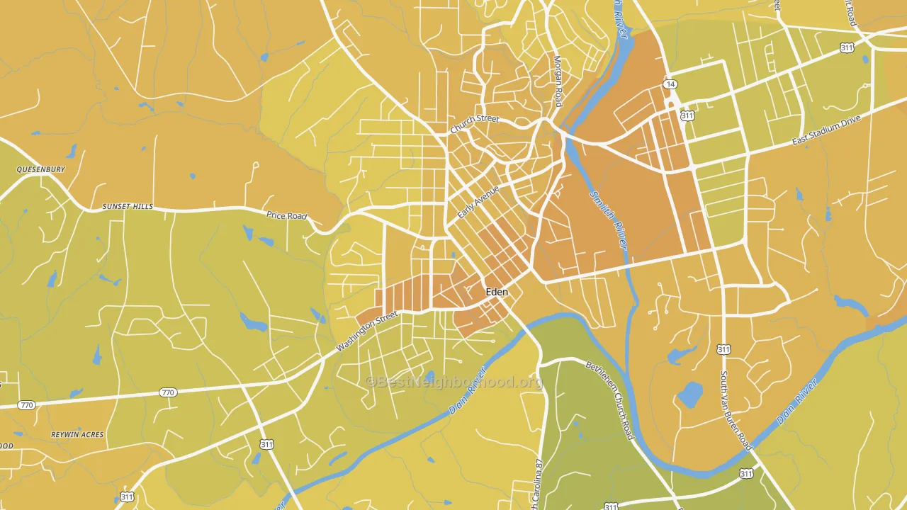Map of the best neighborhoods in the Leaksville, Eden area, with better matches in green and worse matches in red