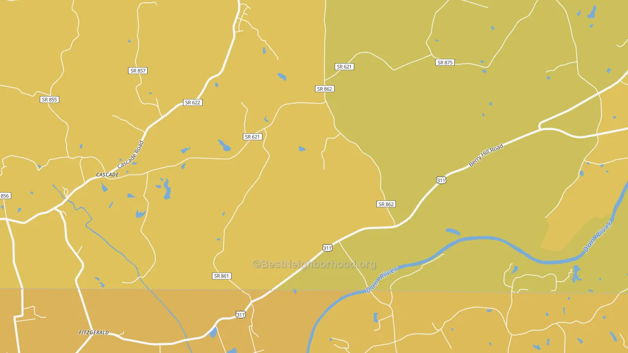 Map of the best neighborhoods in the Leaksville Junction area, with better matches in green and worse matches in red