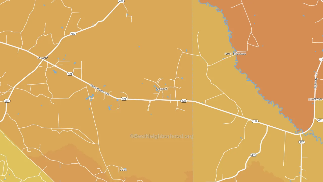 Map of the best neighborhoods in the Leander area, with better matches in green and worse matches in red