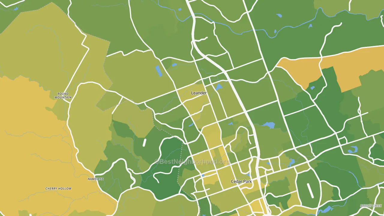 Map of the best neighborhoods in the Leander area, with better matches in green and worse matches in red