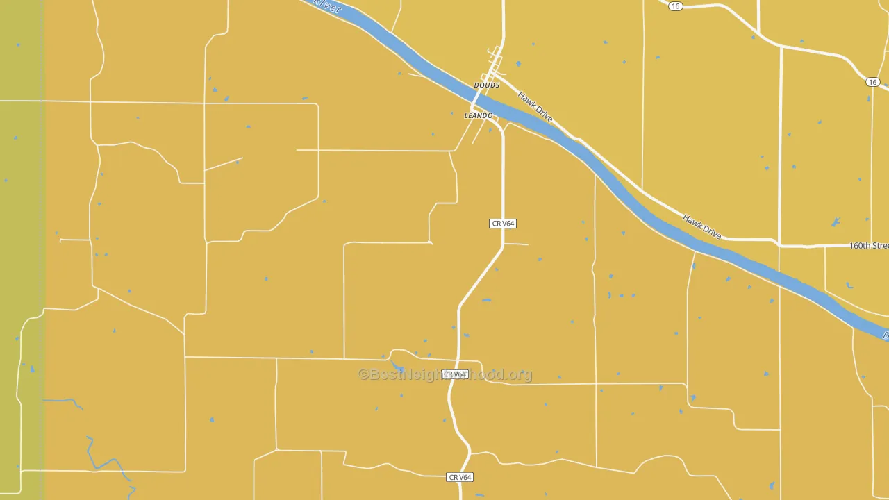 Map of the best neighborhoods in the Leando area, with better matches in green and worse matches in red