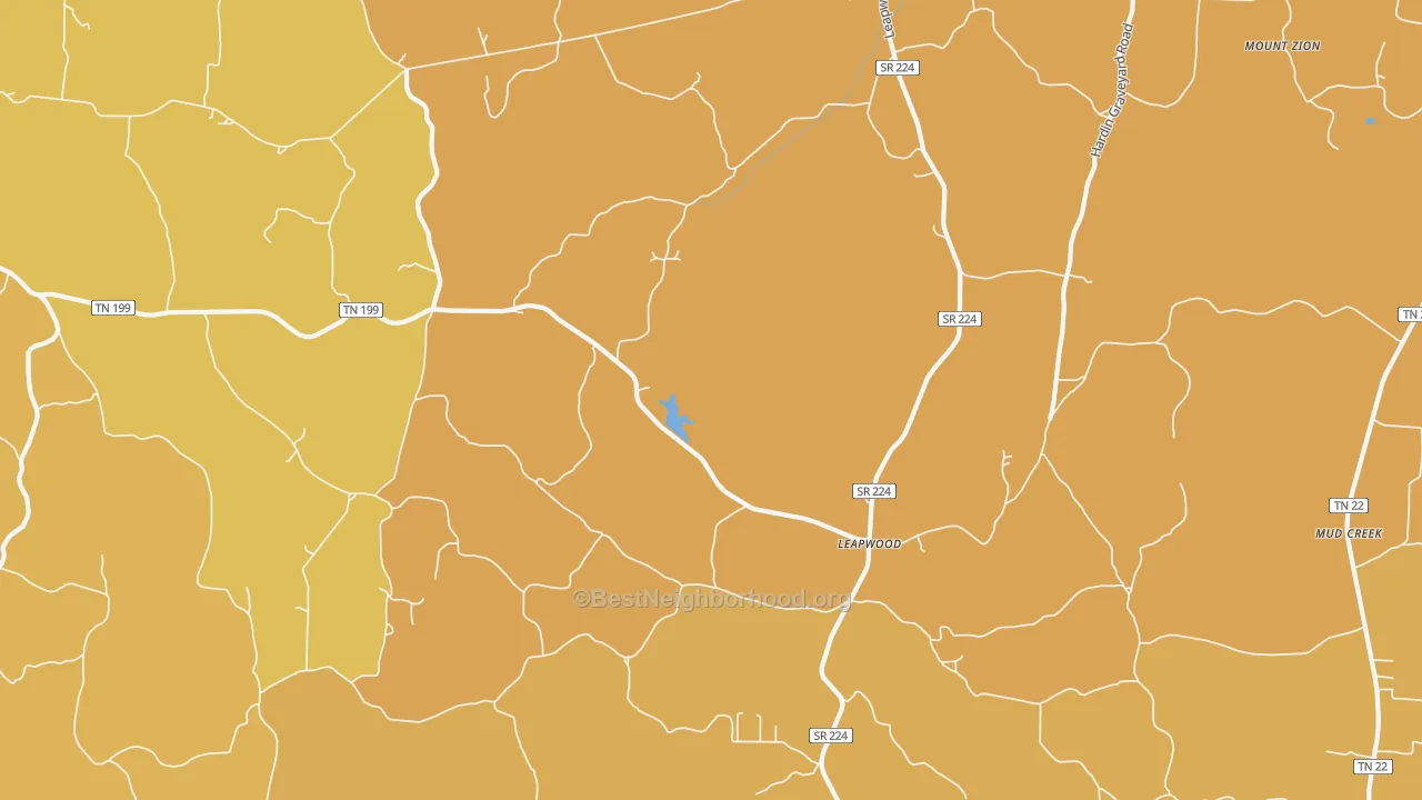 Map of the best neighborhoods in the Leapwood area, with better matches in green and worse matches in red