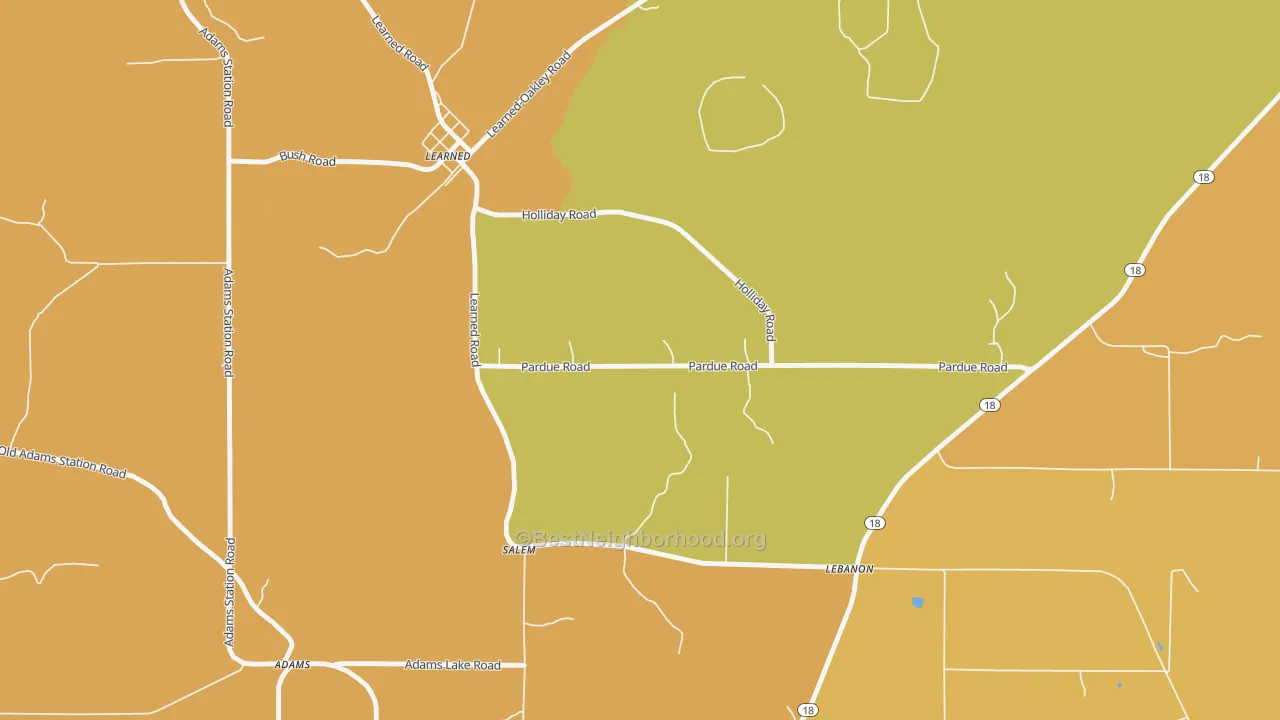 Map of the best neighborhoods in the Learned area, with better matches in green and worse matches in red