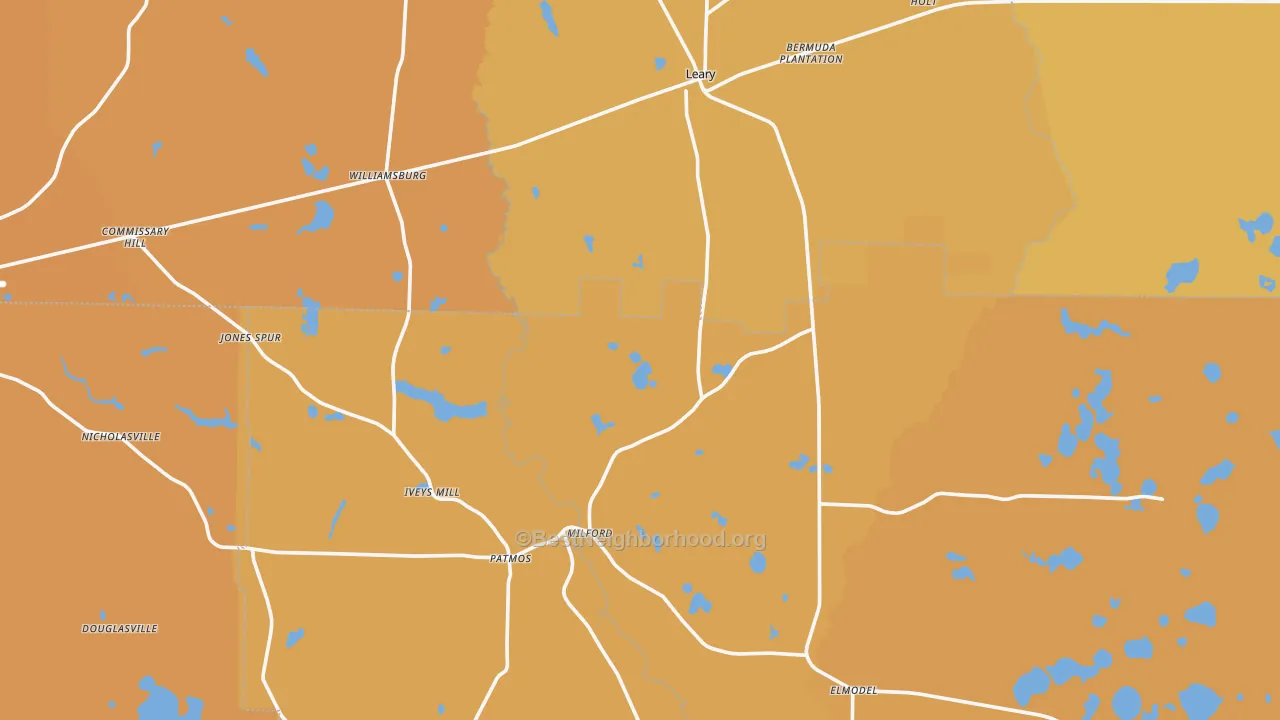 Map of the best neighborhoods in the Leary area, with better matches in green and worse matches in red