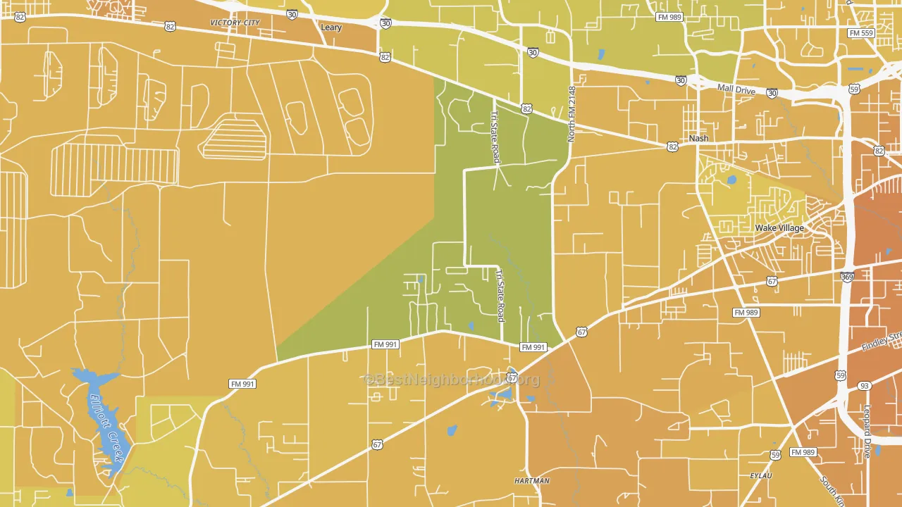 Map of the best neighborhoods in the Leary area, with better matches in green and worse matches in red