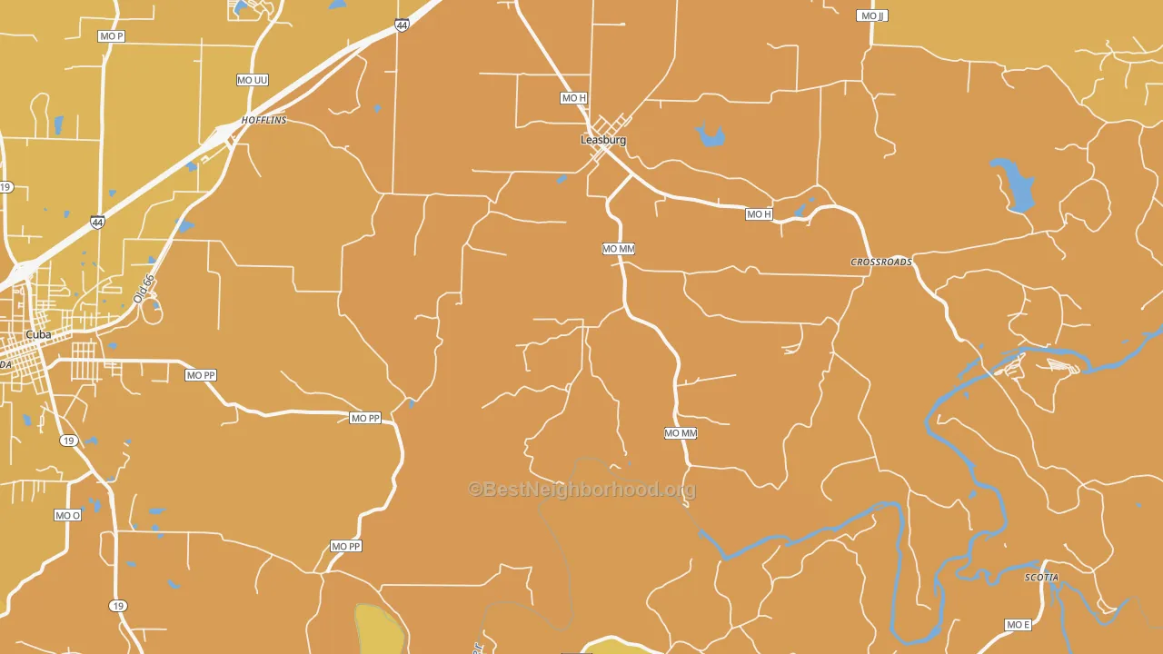 Map of the best neighborhoods in the Leasburg area, with better matches in green and worse matches in red