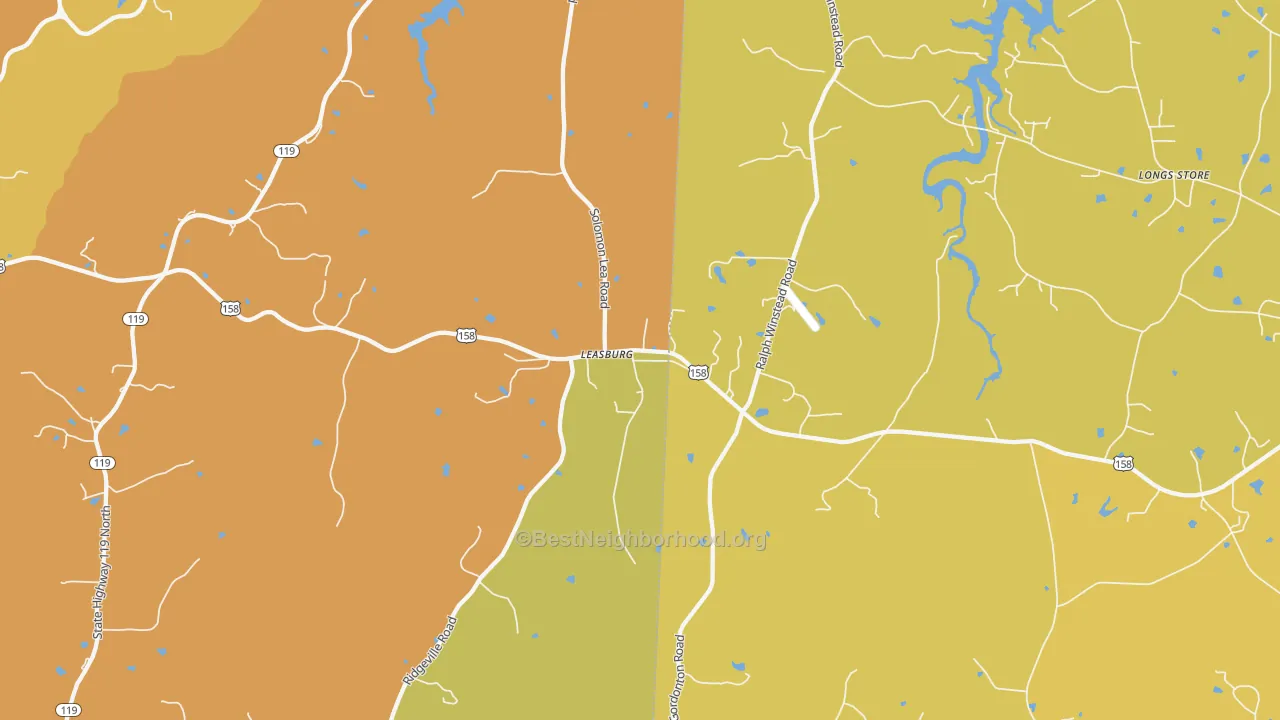 Map of the best neighborhoods in the Leasburg area, with better matches in green and worse matches in red