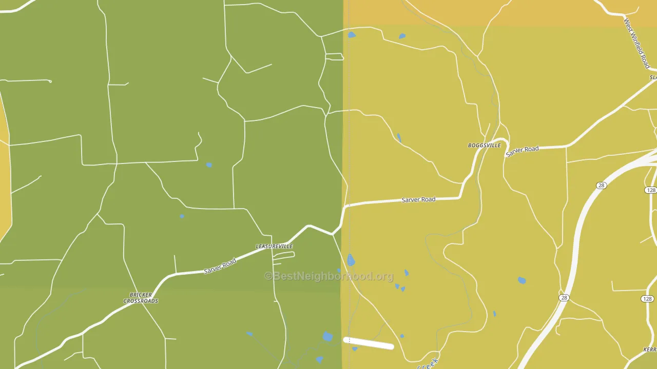 Map of the best neighborhoods in the Leasuresville area, with better matches in green and worse matches in red