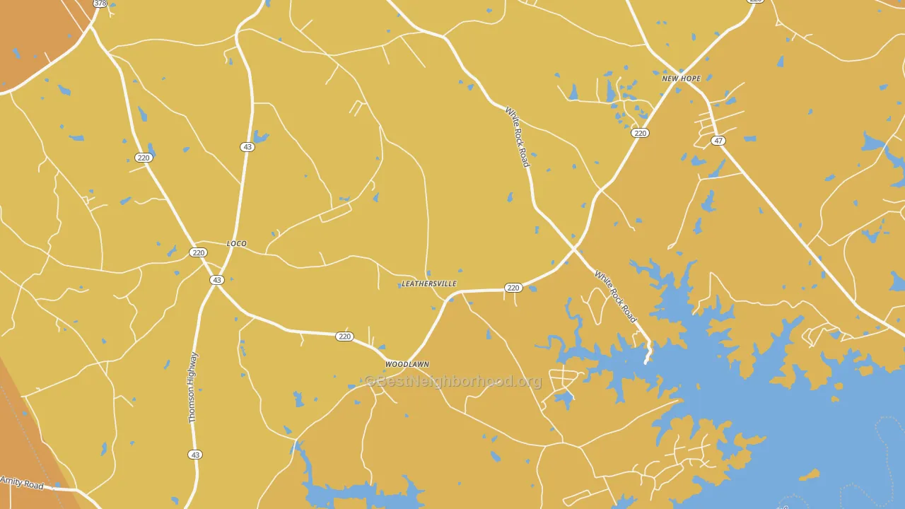 Map of the best neighborhoods in the Leathersville area, with better matches in green and worse matches in red