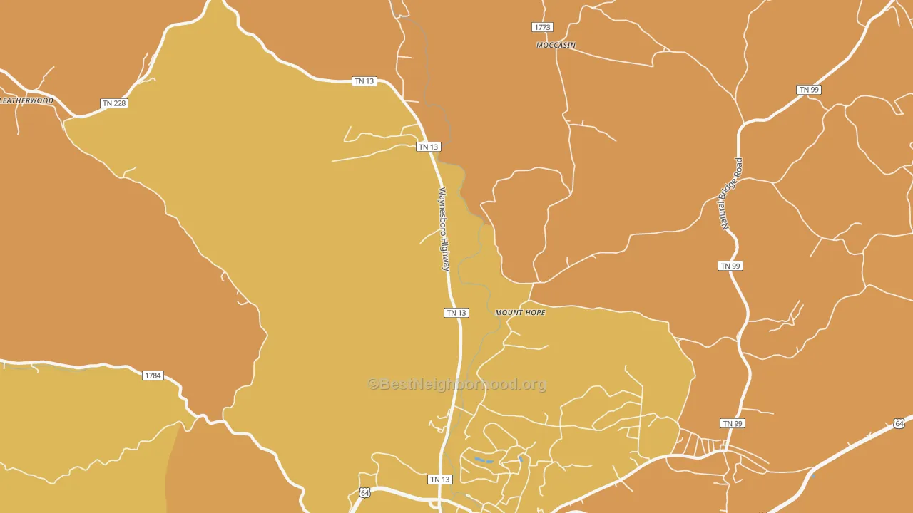 Map of the best neighborhoods in the Leatherwood area, with better matches in green and worse matches in red