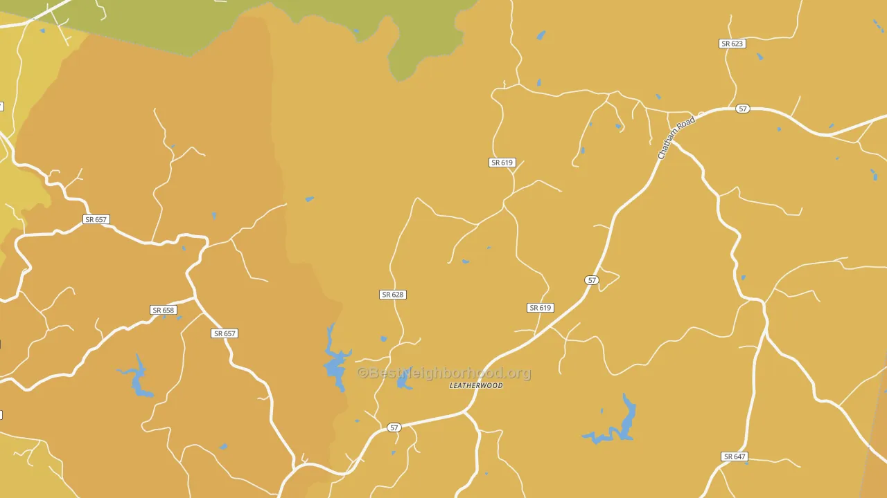 Map of the best neighborhoods in the Leatherwood area, with better matches in green and worse matches in red