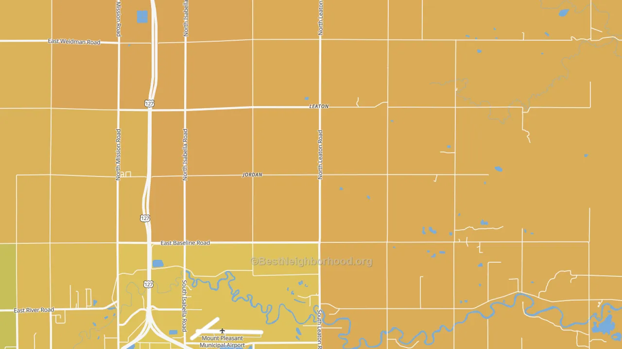Map of the best neighborhoods in the Leaton area, with better matches in green and worse matches in red