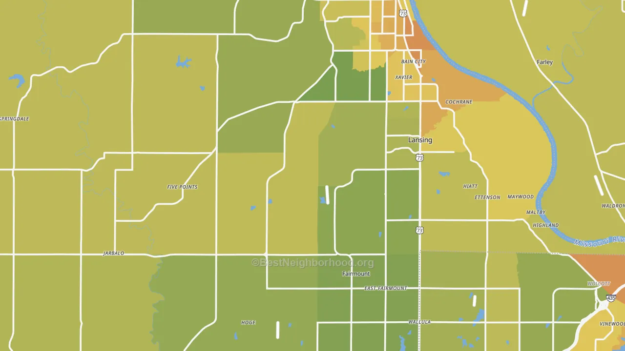 Map of the best neighborhoods in the Leavenworth County area, with better matches in green and worse matches in red