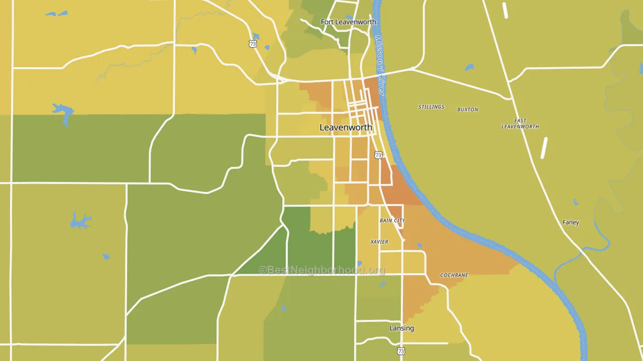 Map of the best neighborhoods in the Leavenworth area, with better matches in green and worse matches in red