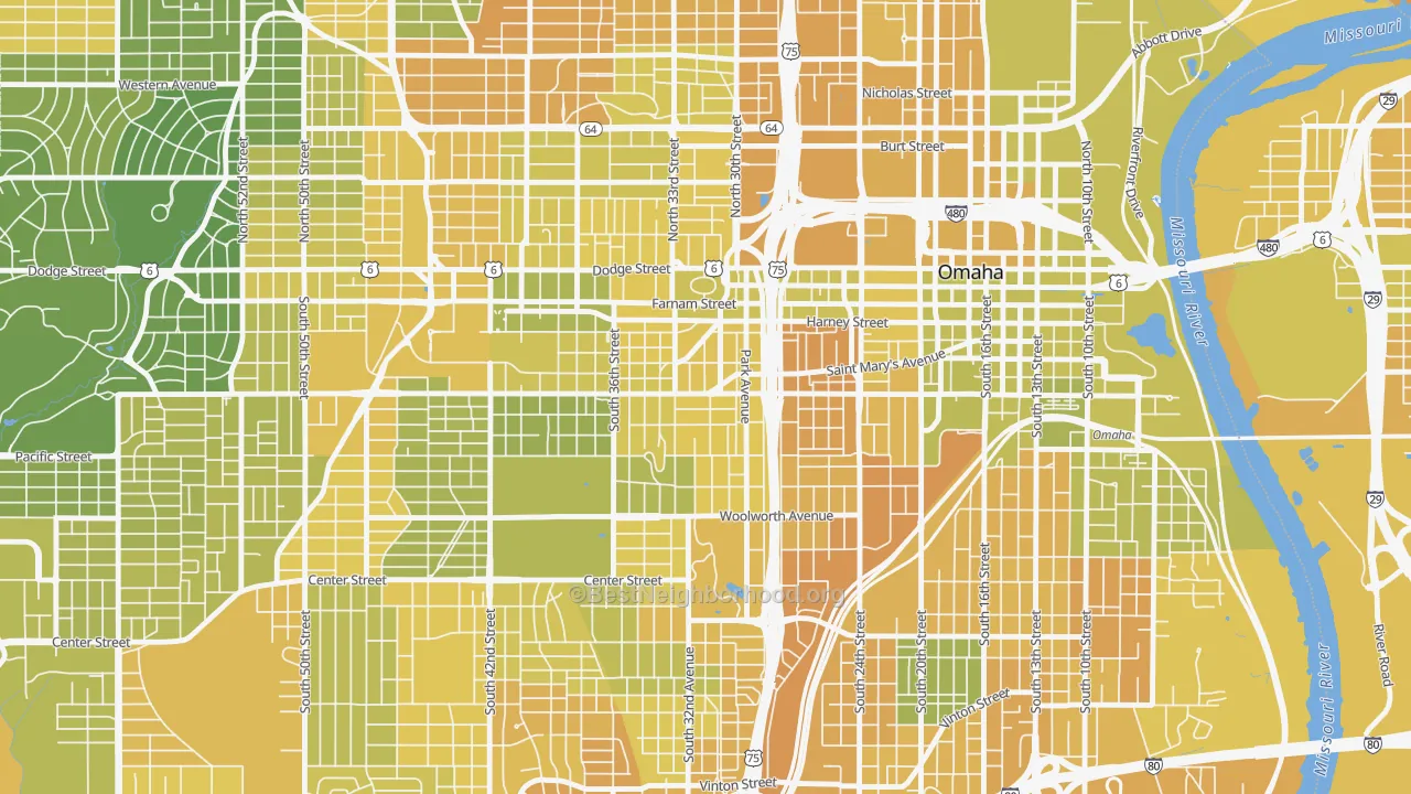 Map of the best neighborhoods in the Leavenworth, Omaha area, with better matches in green and worse matches in red
