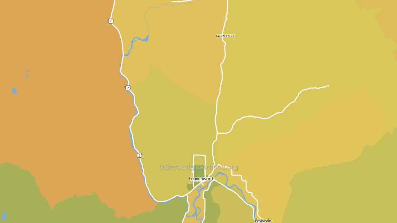 Map of the best neighborhoods in the Leavenworth area, with better matches in green and worse matches in red