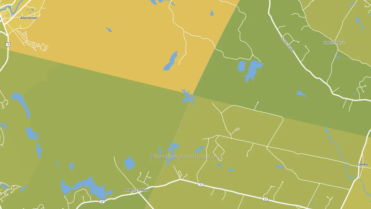 Map of the best neighborhoods in the Leavitts Hill area, with better matches in green and worse matches in red