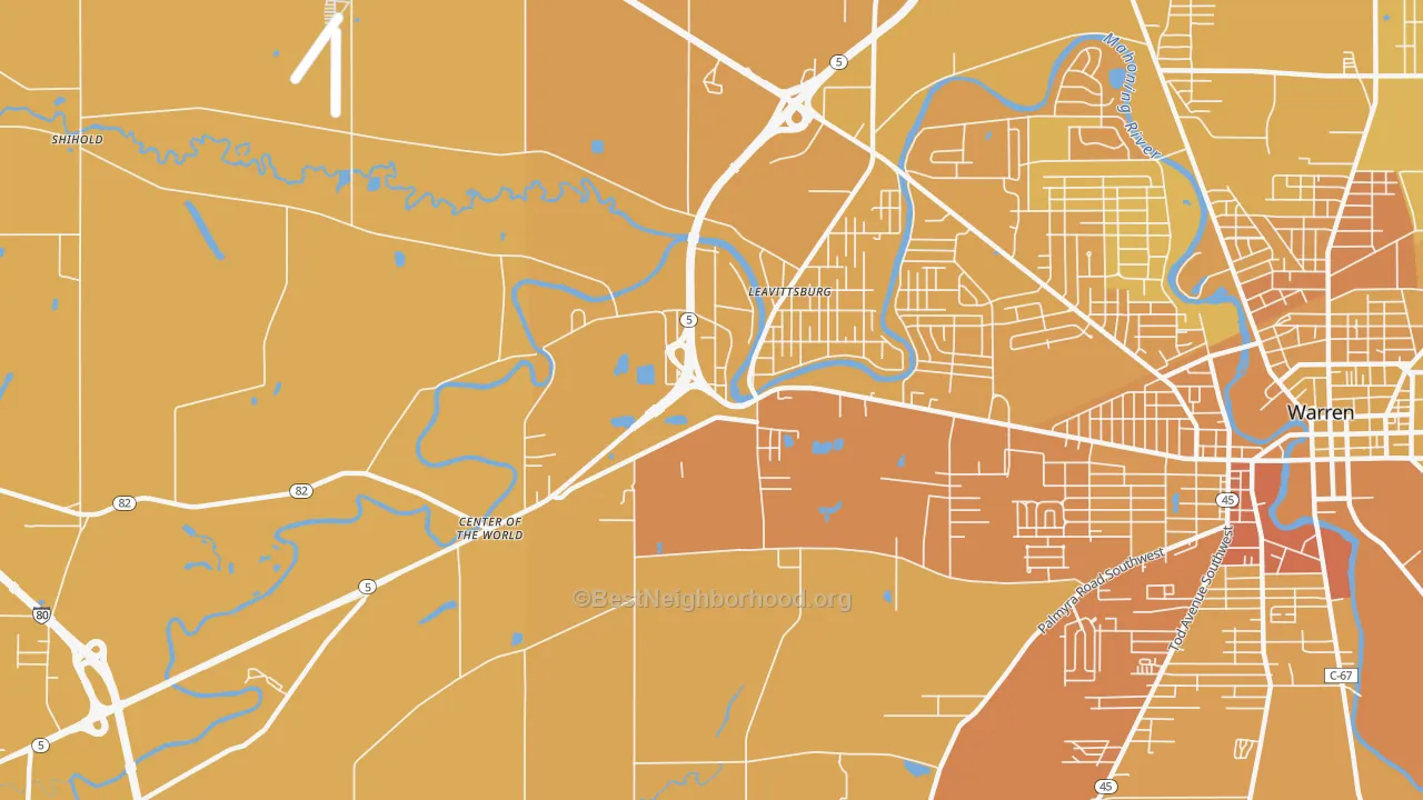Map of the best neighborhoods in the Leavittsburg area, with better matches in green and worse matches in red