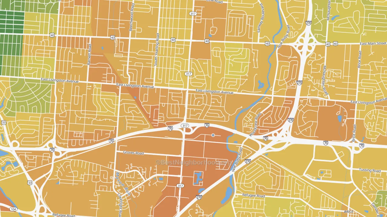 Map of the best neighborhoods in the Leawood, Columbus area, with better matches in green and worse matches in red