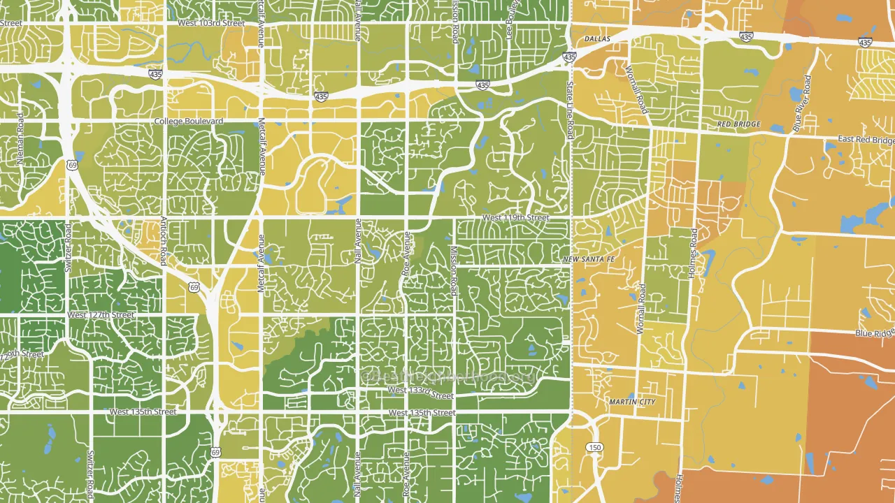 Map of the best neighborhoods in the Leawood area, with better matches in green and worse matches in red