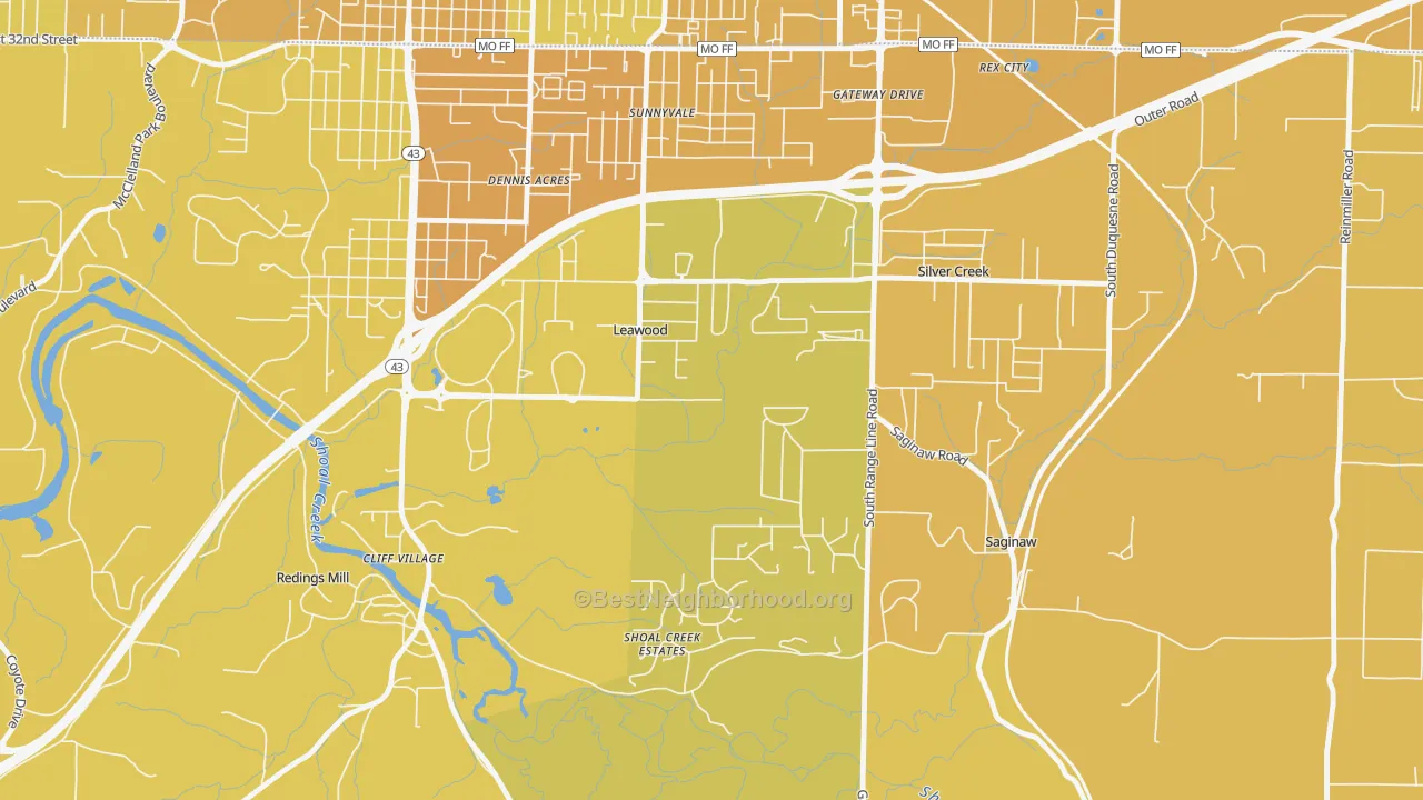 Map of the best neighborhoods in the Leawood area, with better matches in green and worse matches in red