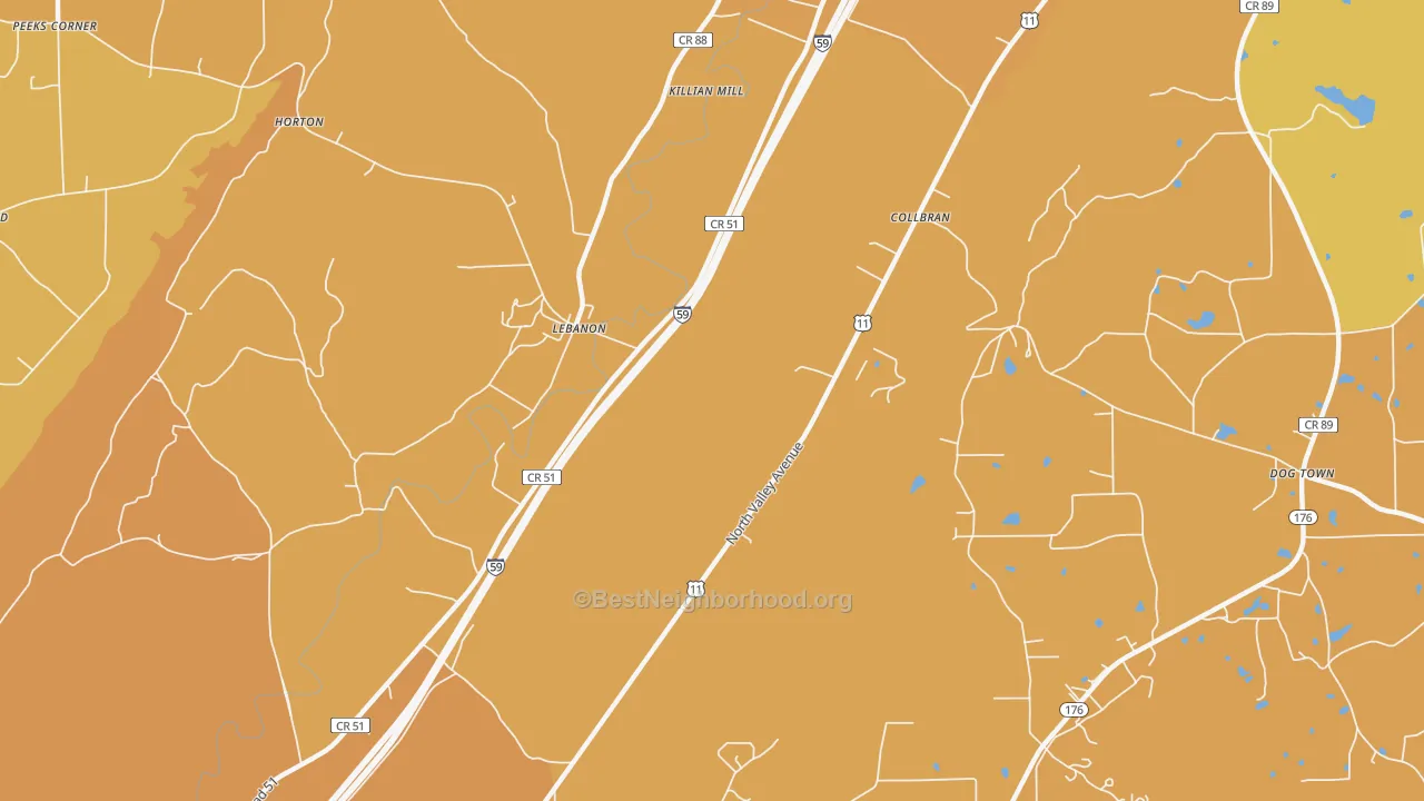 Map of the best neighborhoods in the Lebanon area, with better matches in green and worse matches in red