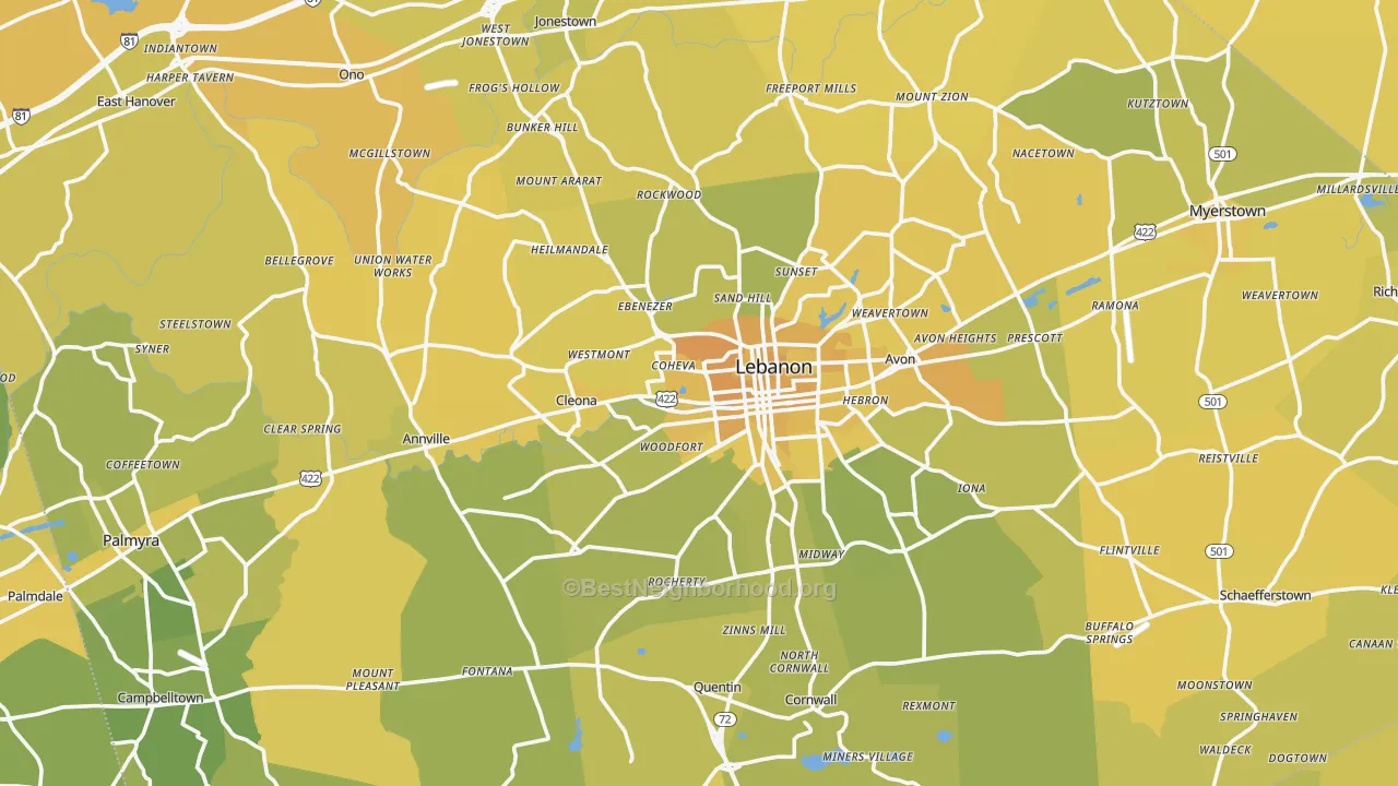 Map of the best neighborhoods in the Lebanon County area, with better matches in green and worse matches in red