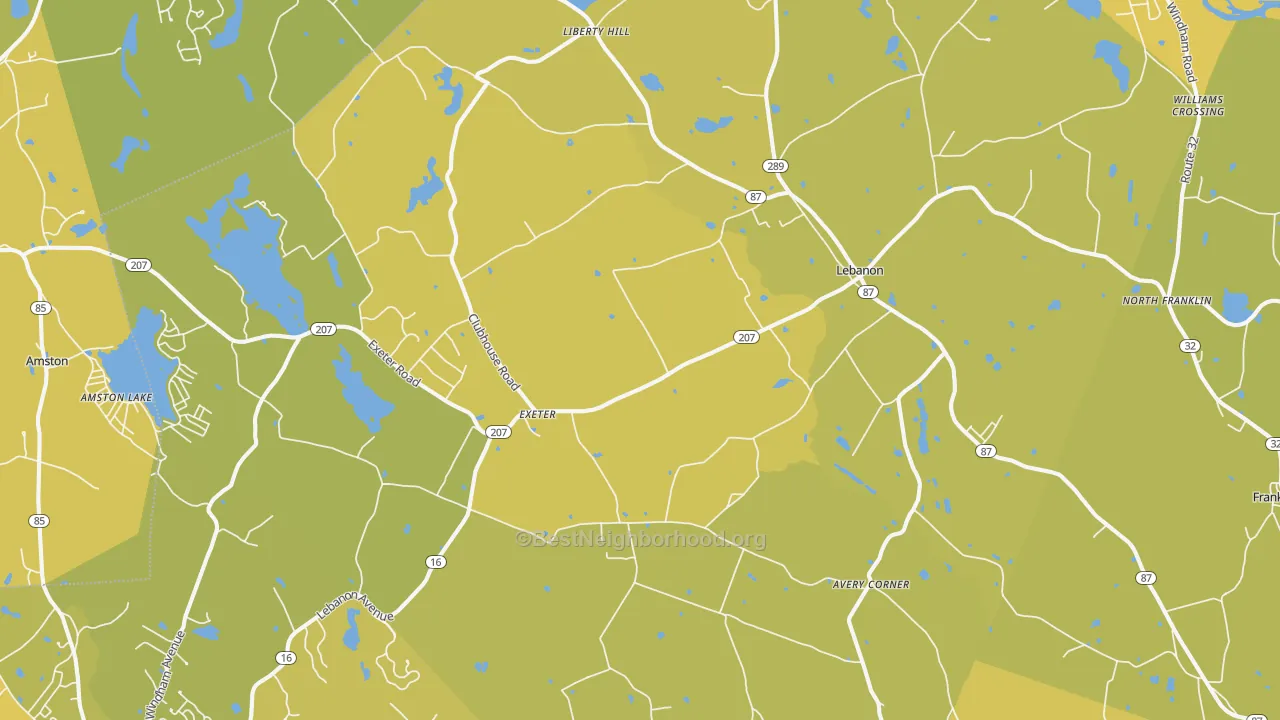 Map of the best neighborhoods in the Lebanon area, with better matches in green and worse matches in red