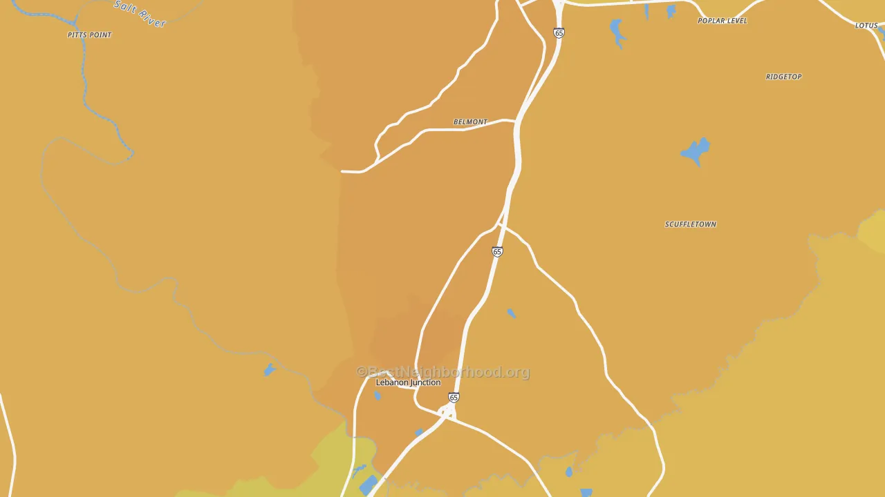 Map of the best neighborhoods in the Lebanon Junction area, with better matches in green and worse matches in red