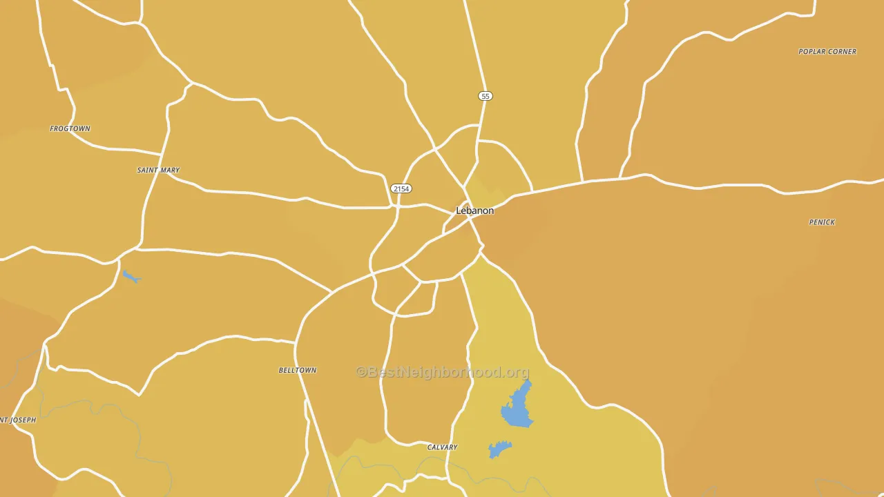 Map of the best neighborhoods in the Lebanon area, with better matches in green and worse matches in red