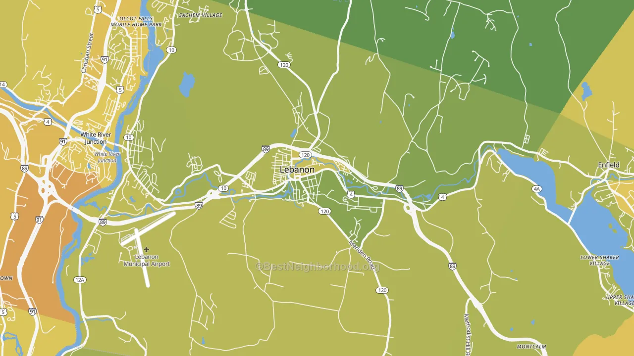 Map of the best neighborhoods in the Lebanon area, with better matches in green and worse matches in red