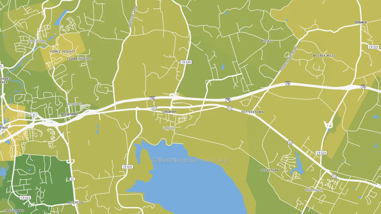 Map of the best neighborhoods in the Lebanon area, with better matches in green and worse matches in red