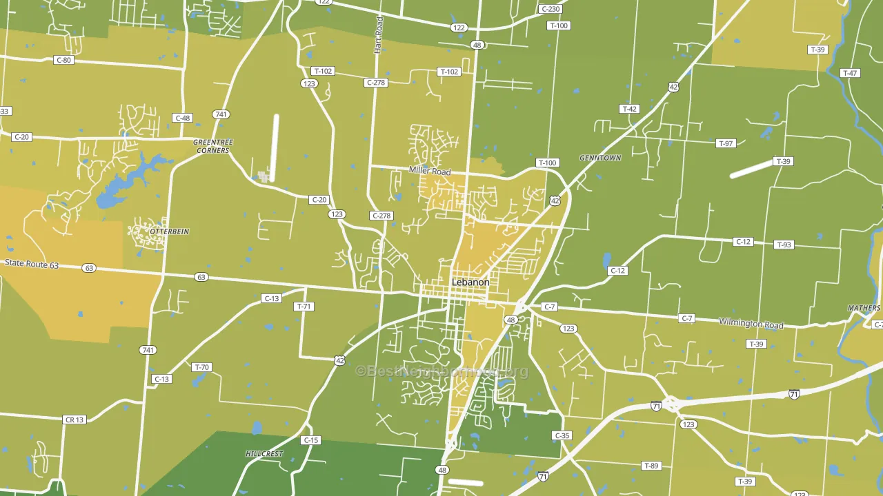 Map of the best neighborhoods in the Lebanon area, with better matches in green and worse matches in red
