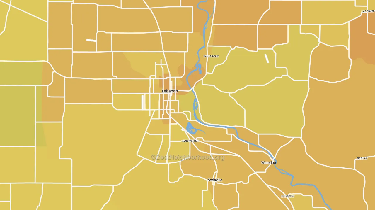 Map of the best neighborhoods in the Lebanon area, with better matches in green and worse matches in red