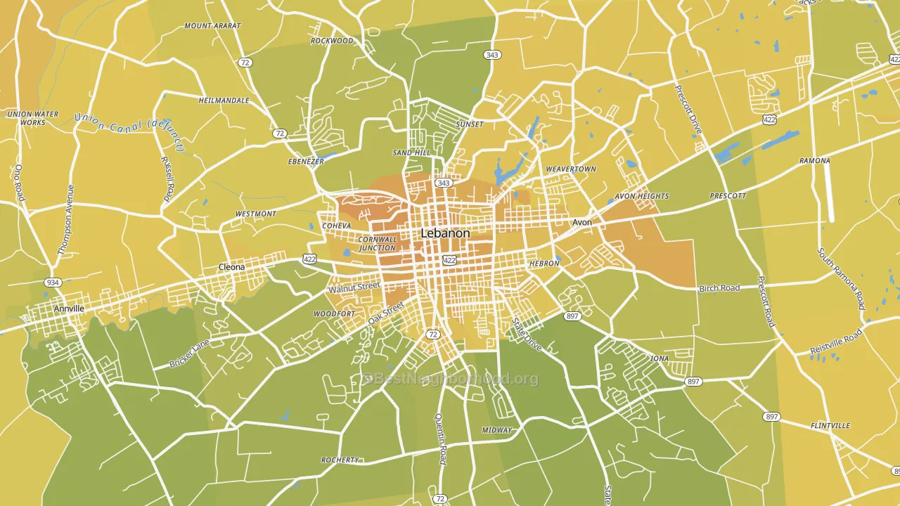 Map of the best neighborhoods in the Lebanon Metro area, with better matches in green and worse matches in red