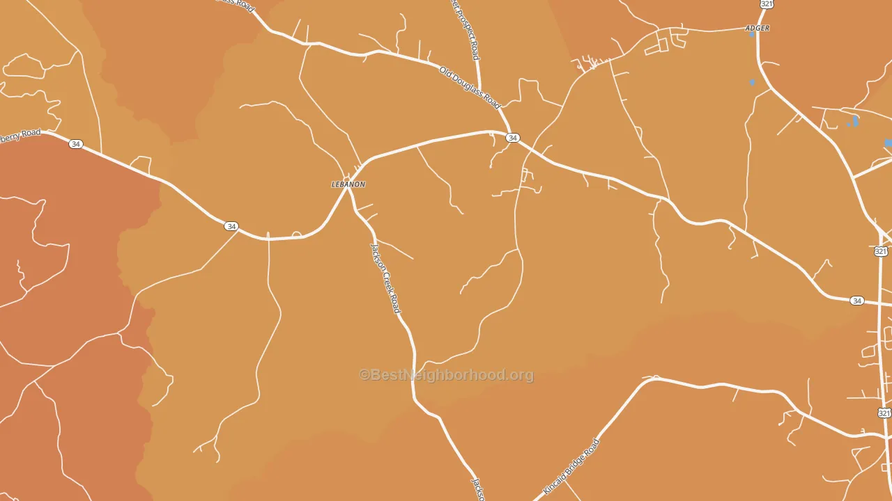 Map of the best neighborhoods in the Lebanon area, with better matches in green and worse matches in red